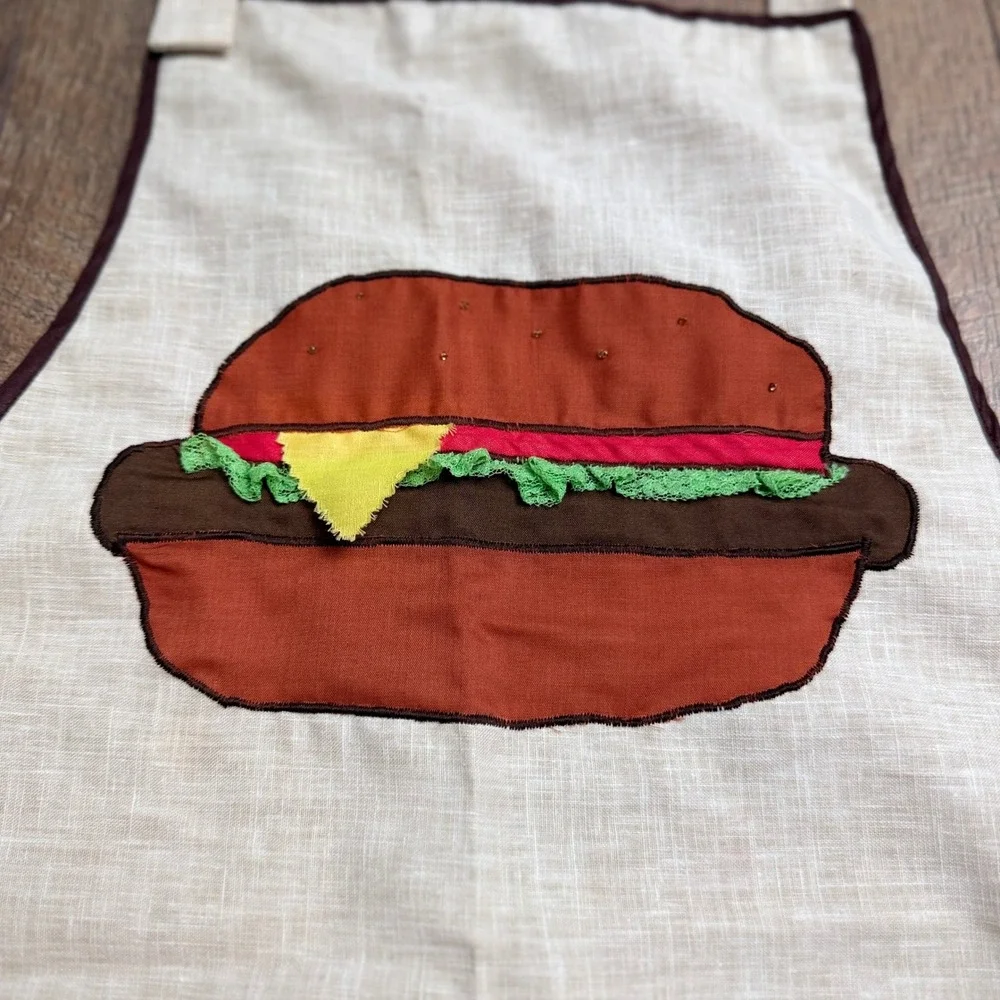 Vintage‎ Handmade Vintage Cheeseburger Applique Linen Apron Novelty Folk Art